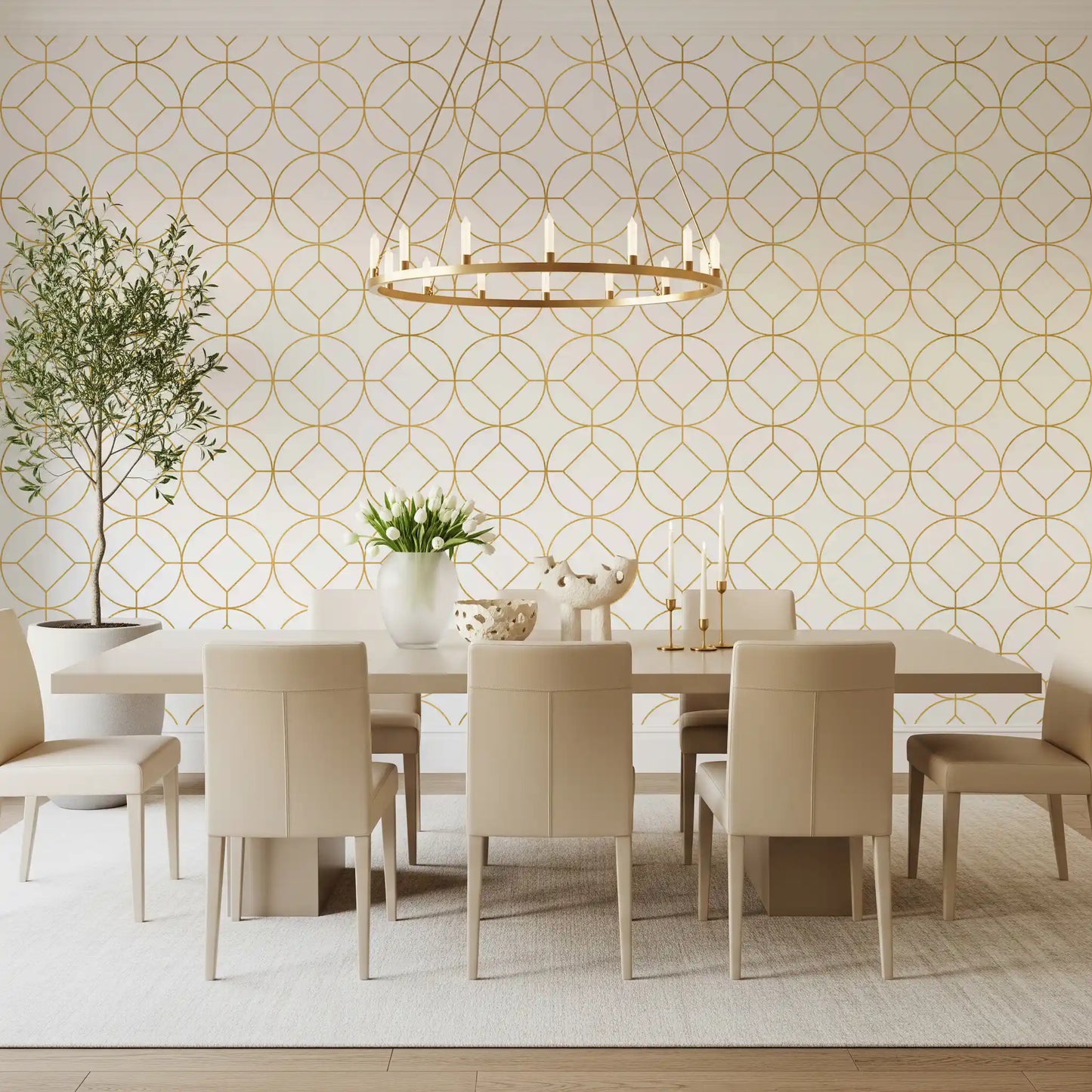 Stylish architectural pattern using Modern Luxe Gold and White Lattice Wallpaper