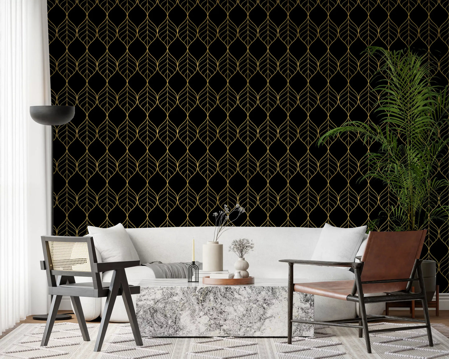 Sleek ornamental design via Art Deco Gold and Black Leaf Wallpaper concept