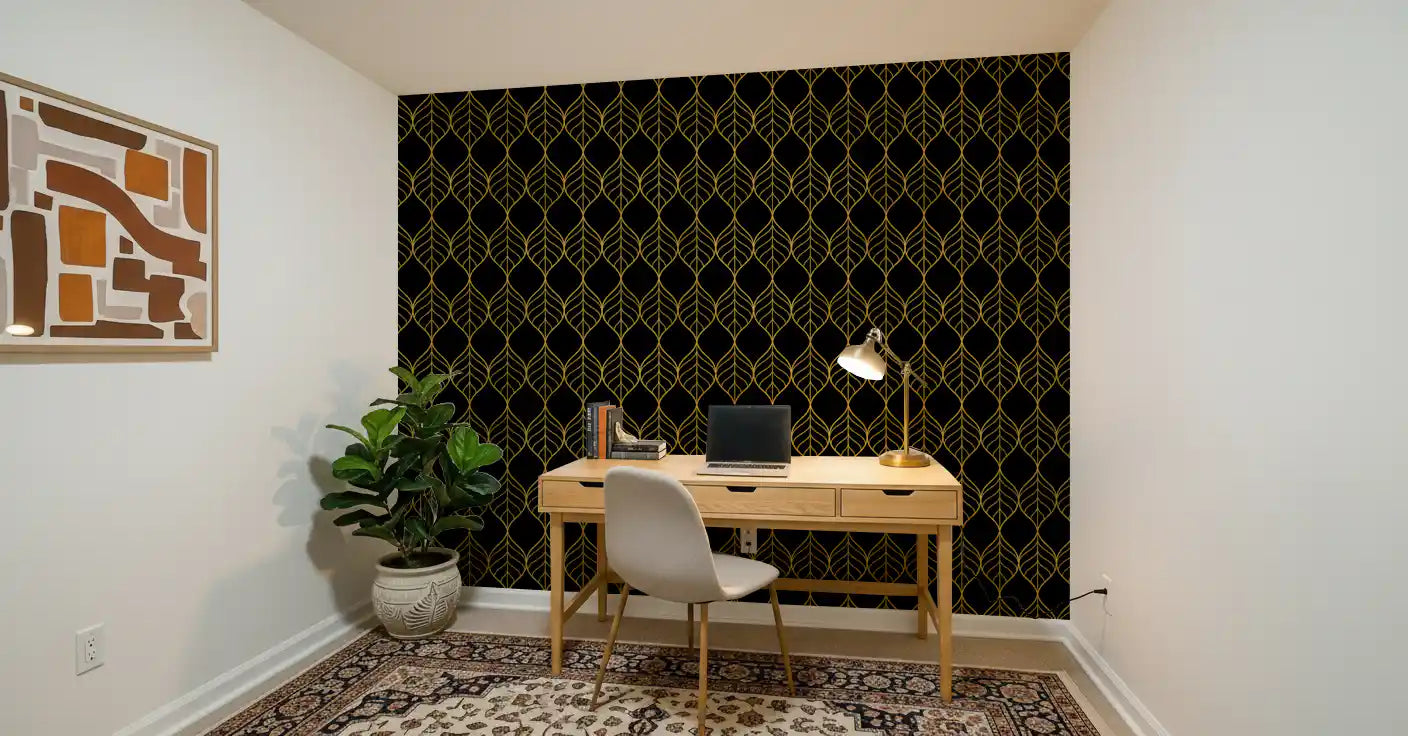 Dramatic wall finish featuring Art Deco Gold and Black Leaf Wallpaper detailing