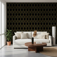 Elegant dark botanical surface with Art Deco Gold and Black Leaf office area Wallpaper