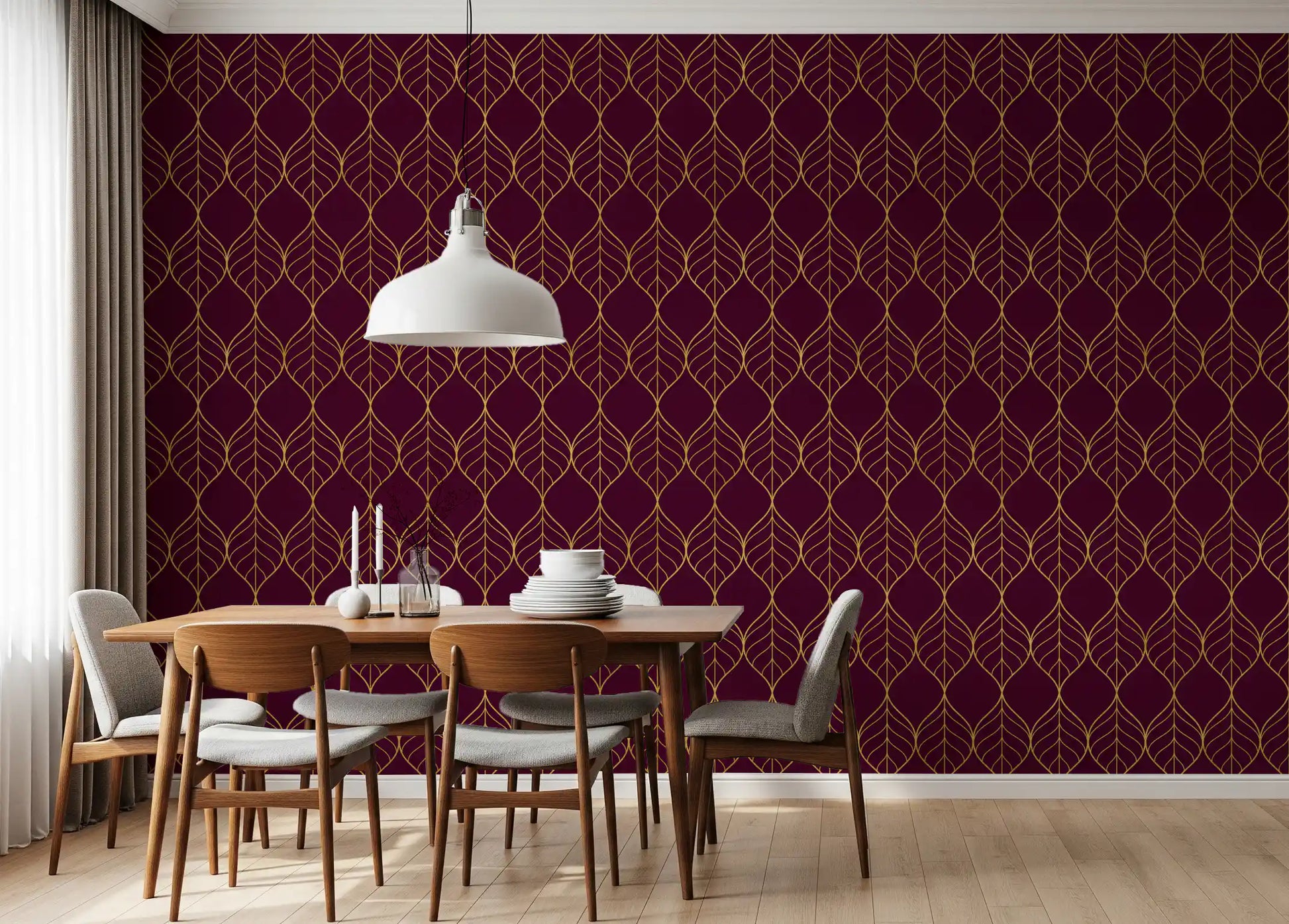 Feature wall Elegant Burgundy and Gold Art Deco Leaf Wallpaper bold leaf decor