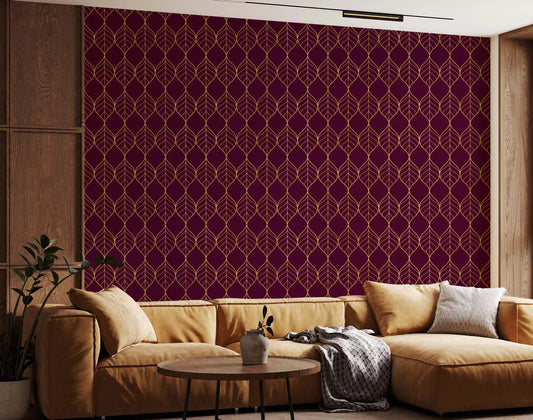 Living room Elegant Burgundy and Gold Art Deco Leaf Wallpaper gold floral wall