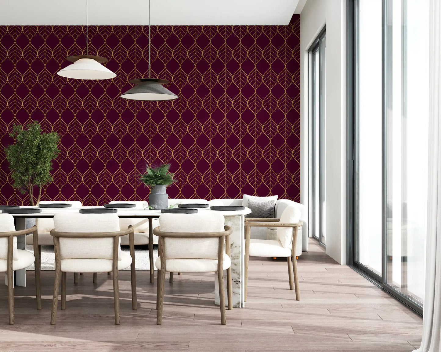Modern interior Elegant Burgundy and Gold Art Deco Leaf Wallpaper rich tone design
