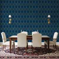 Dining room Gilded Art Deco Leaves Navy Wallpaper botanical gold dark surface style