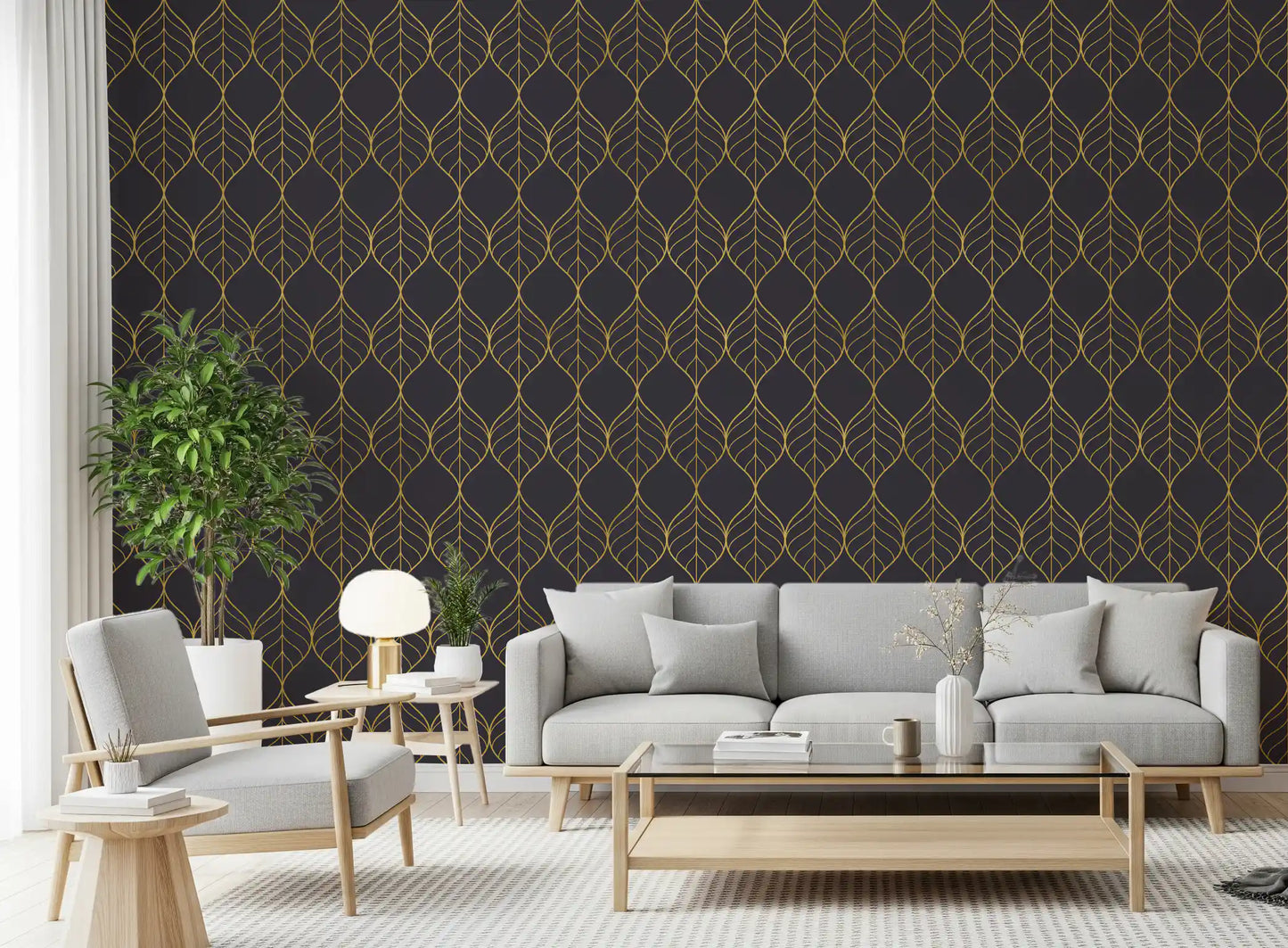 Soft gold design Elegant Golden Leaf Art Deco Wallpaper