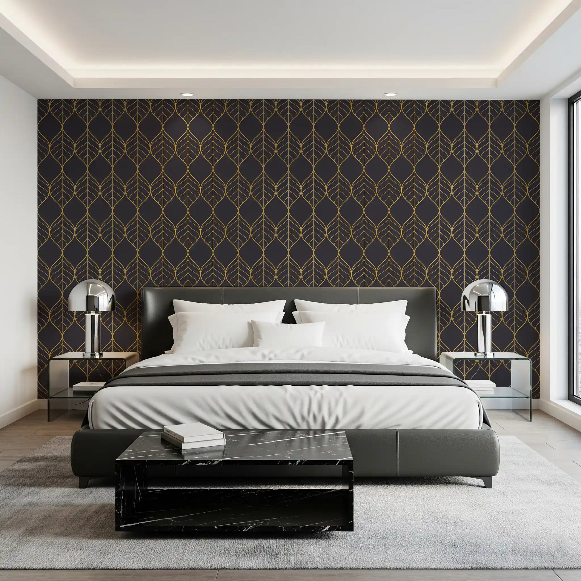 Bedroom Elegant Golden Leaf Art Deco Wallpaper surface
