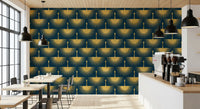 Subtle gold crane wallpaper dark turquoise composition