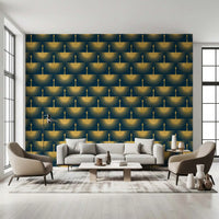 Feature wall teal gold bird Art Deco structured design for a living room.