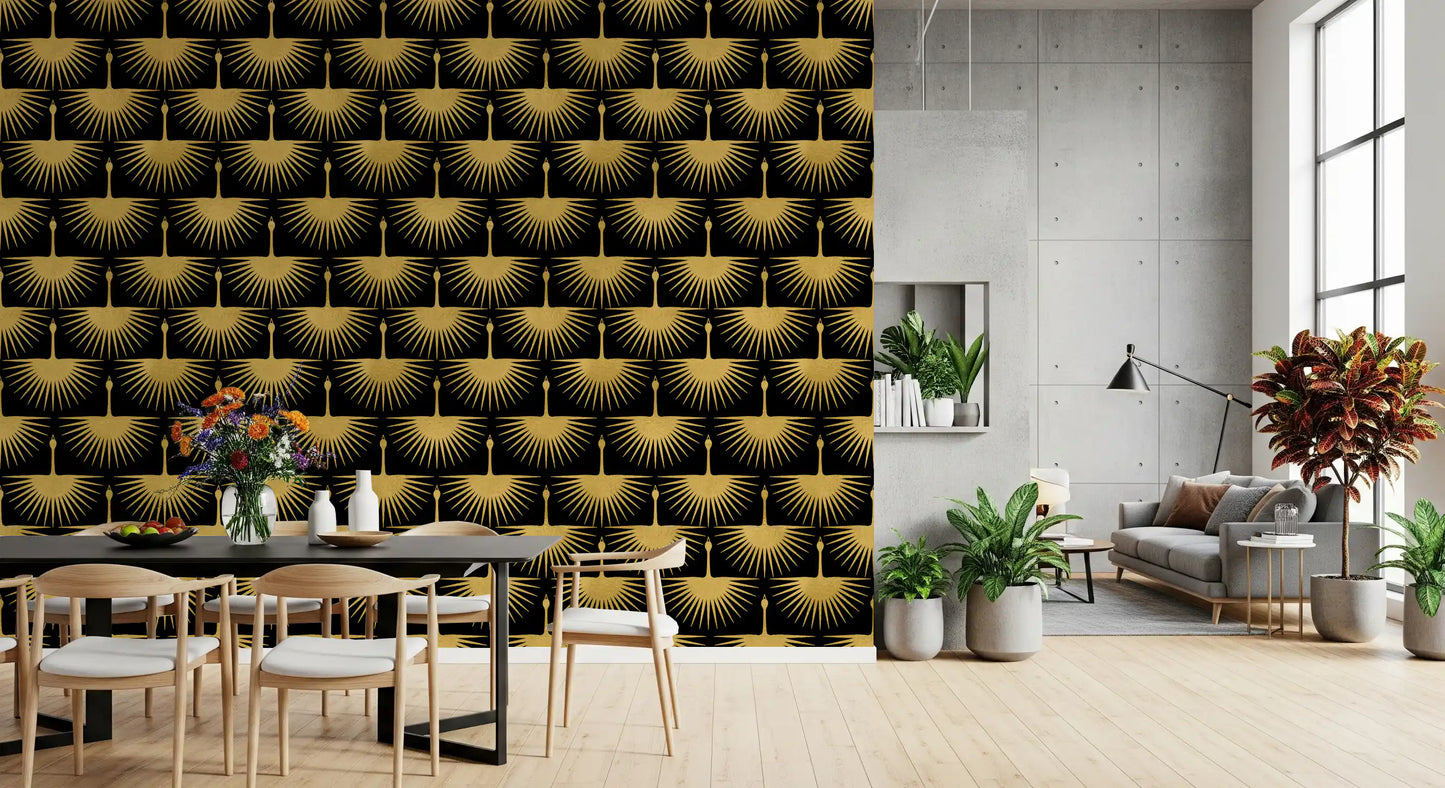 Gold accent wall Black Gold Crane Art Deco Wallpaper dark texture