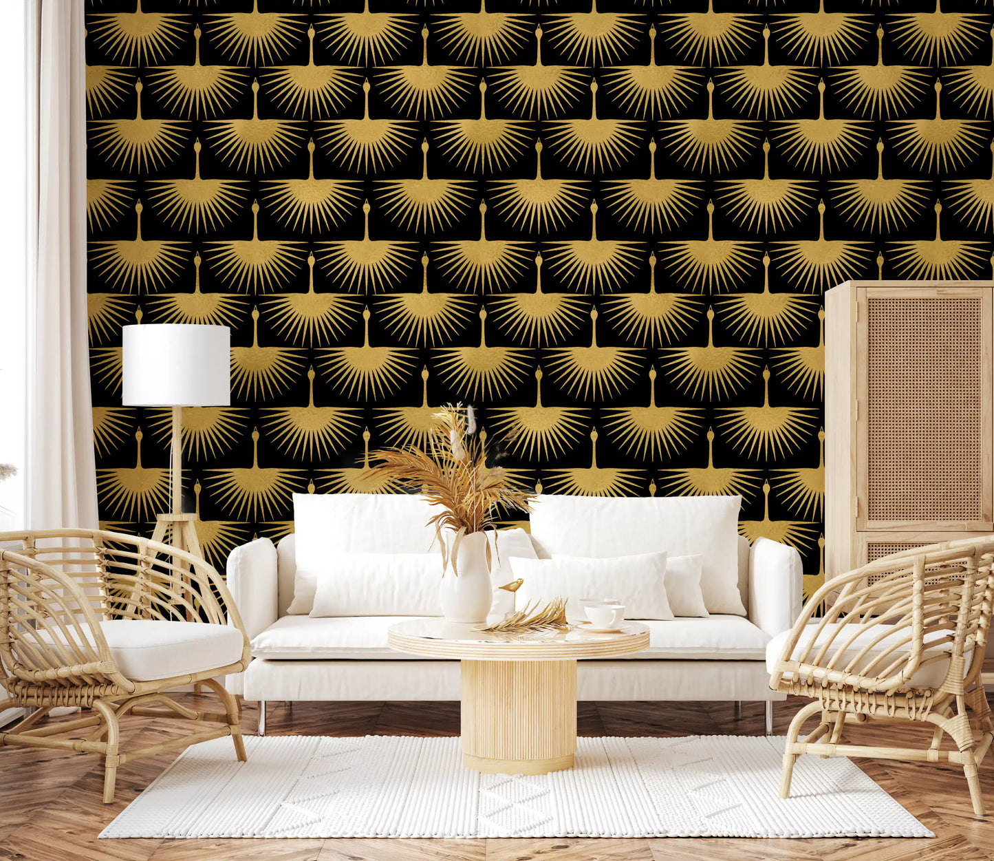 Living room Black Gold Crane Art Deco Wallpaper gold bird design