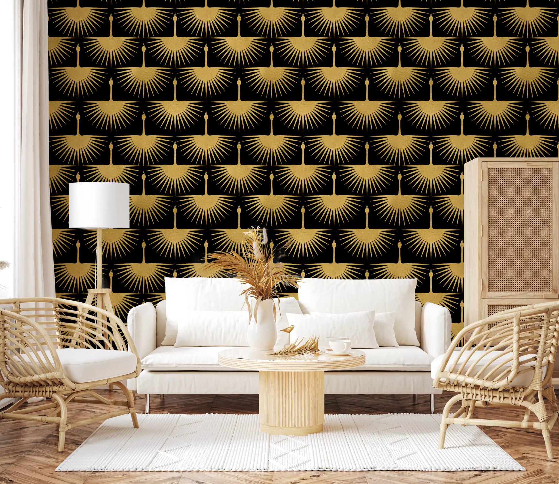 Living room Black Gold Crane Art Deco Wallpaper gold bird design