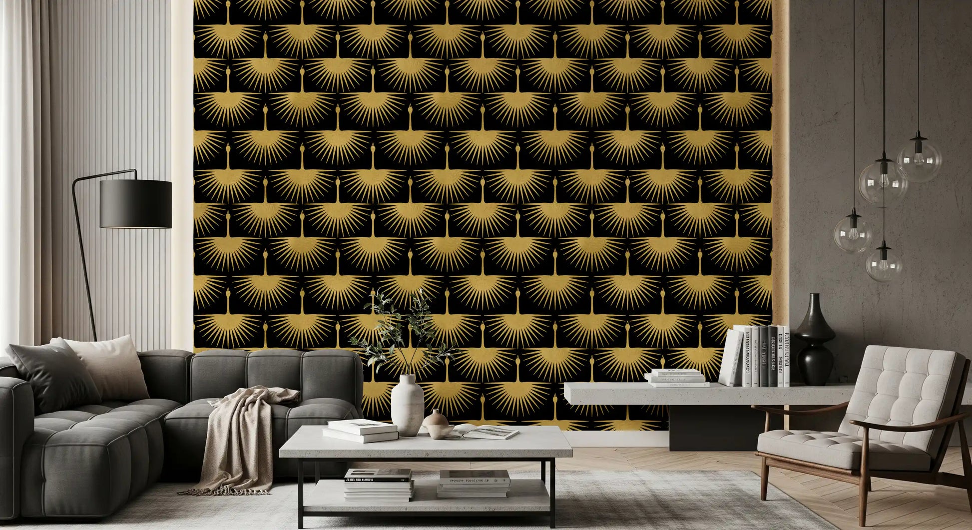 Art Deco living room style Black Gold Crane Art Deco Wallpaper bold contrast