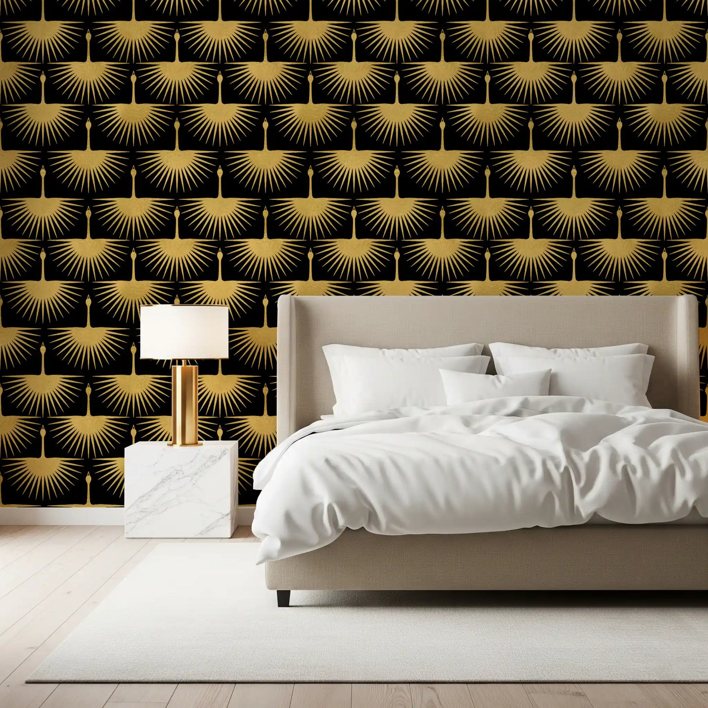 Elegant surface Black Gold Crane Art Deco Wallpaper crane motif