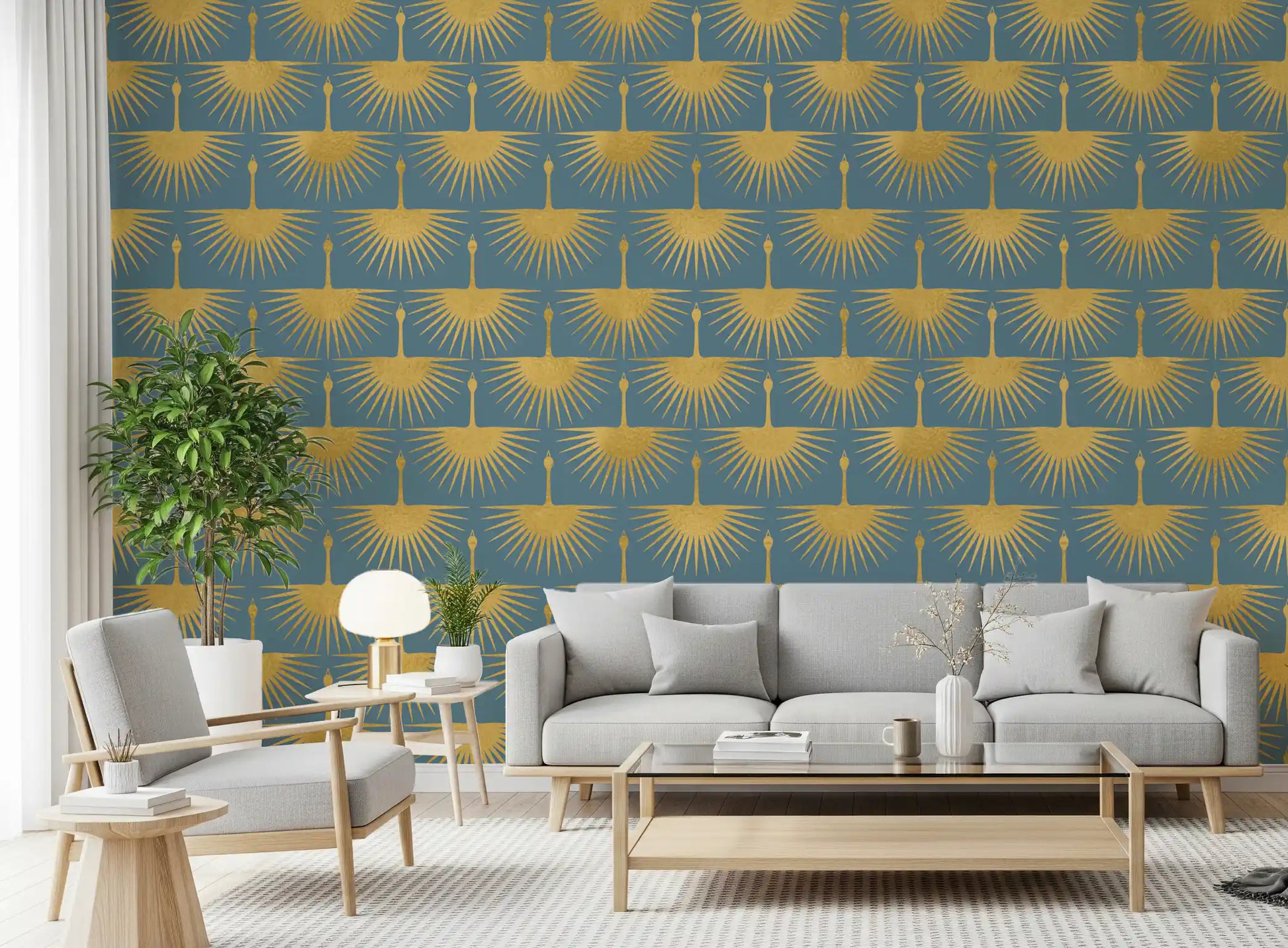 Feature wall Art Deco crane soft blue gold structured pattern for a living room.