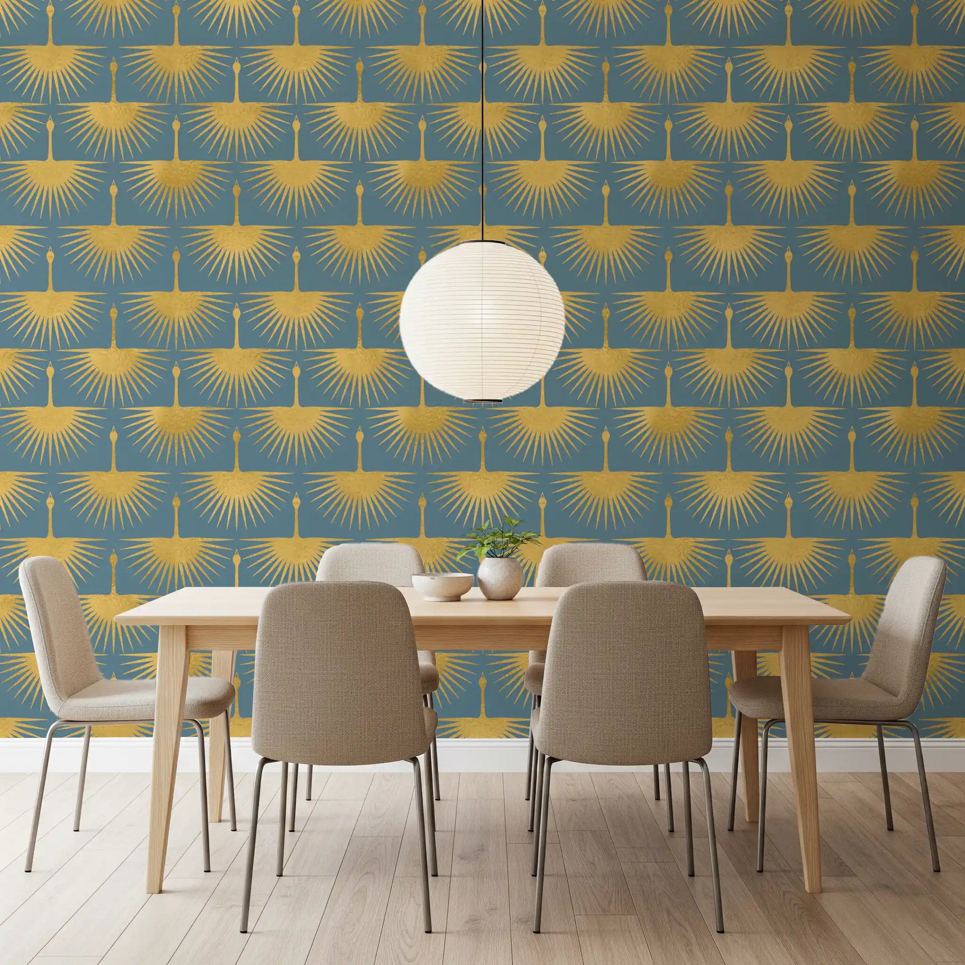 Dining room Duck egg blue gold crane Art Deco wallpaper soft wall design