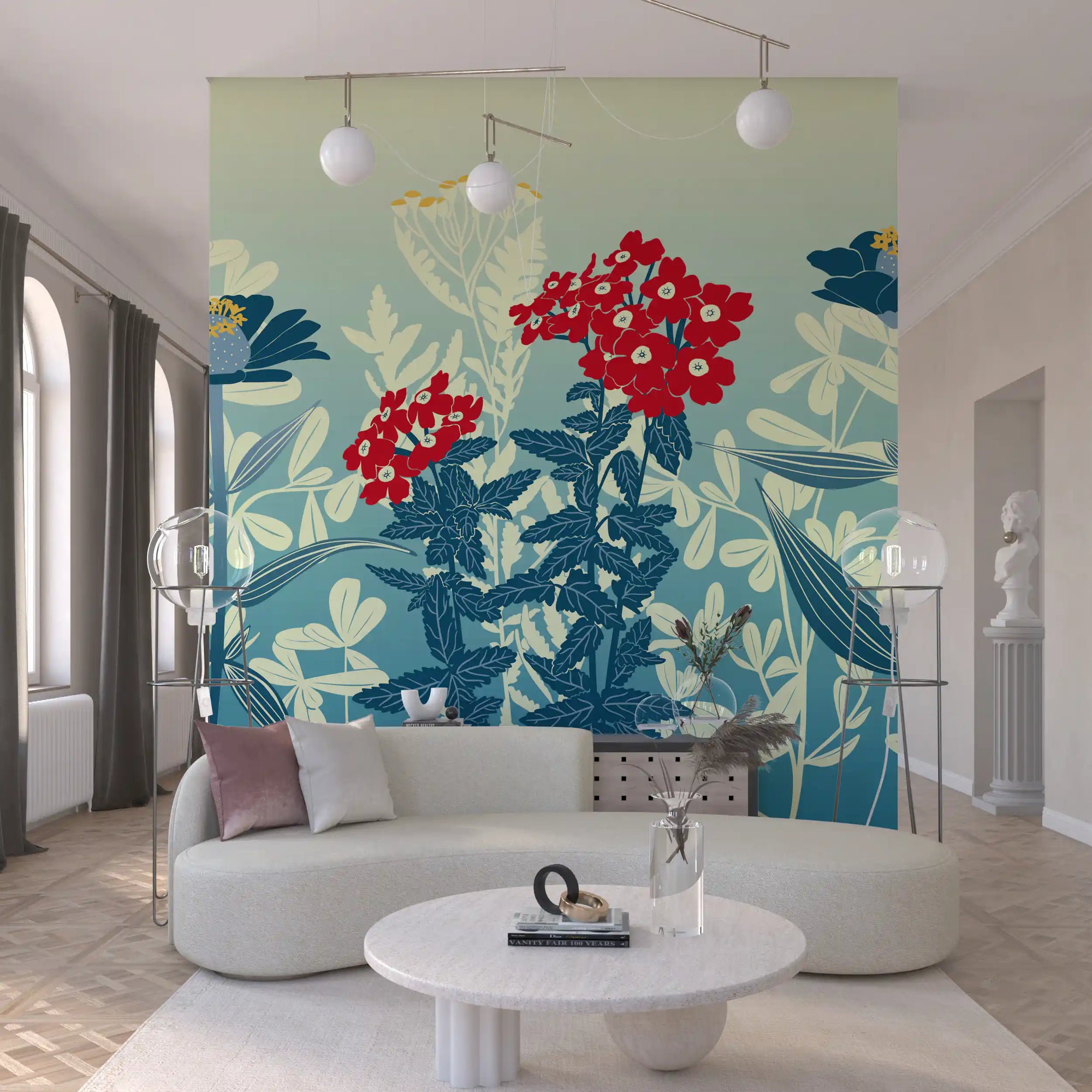 Crimson and Teal Retro Botanical Meadow wall mural a quiet living room