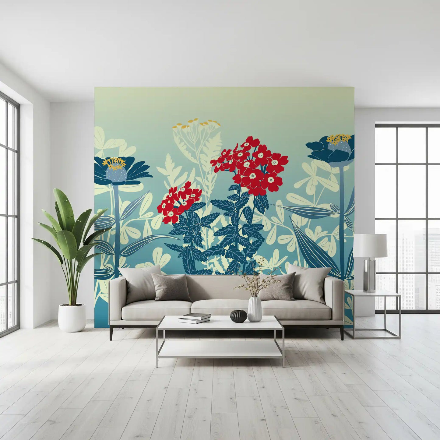 Crimson and Teal Retro Botanical Meadow Wall Mural