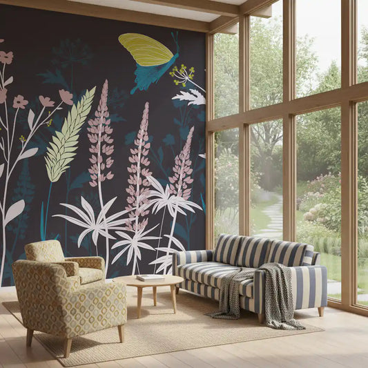 A Living room glows beside the pink and white Enchanted Meadow wall mural.