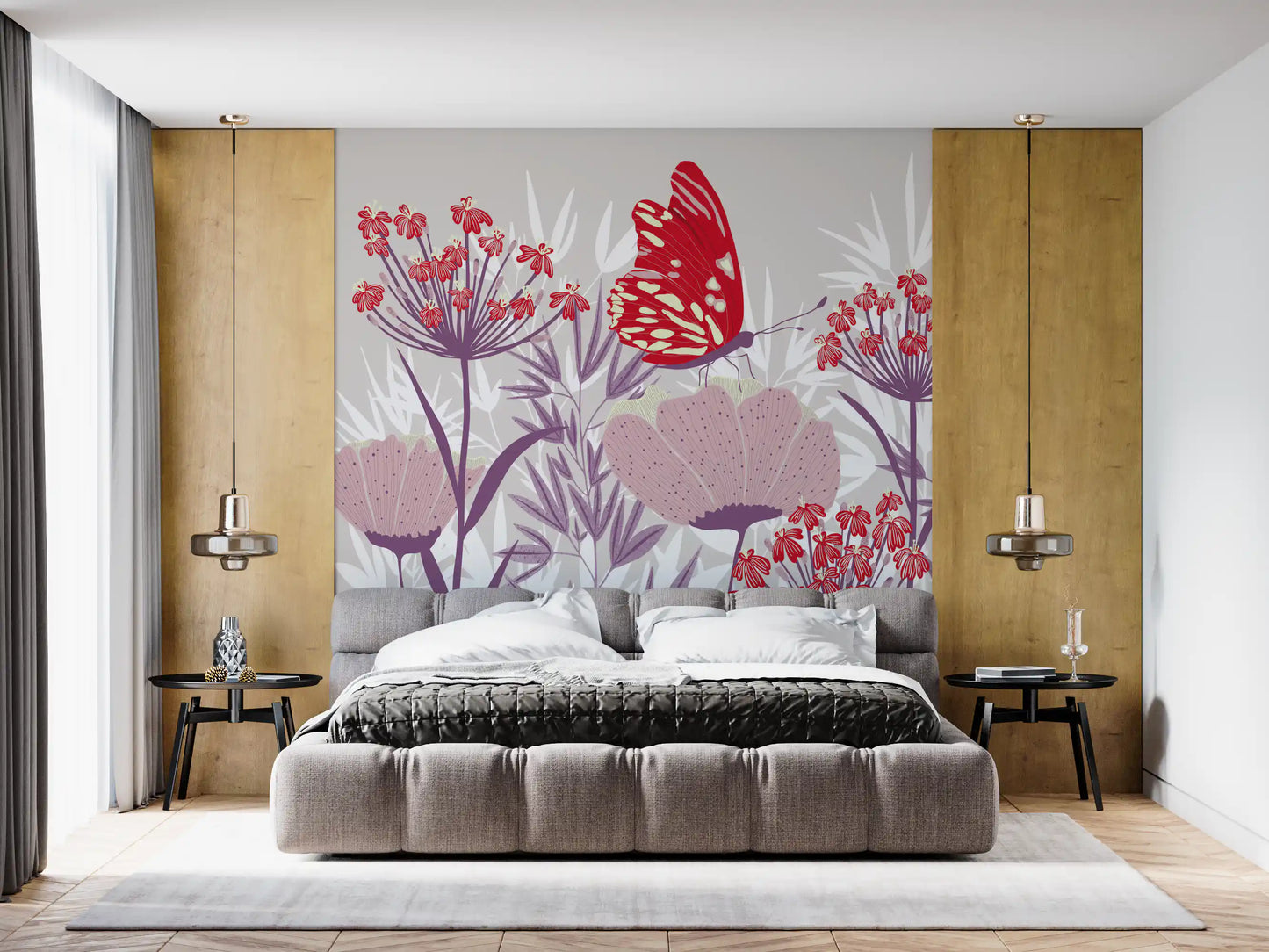 Crimson Butterfly and Mauve Garden Wallpaper Wall Mural