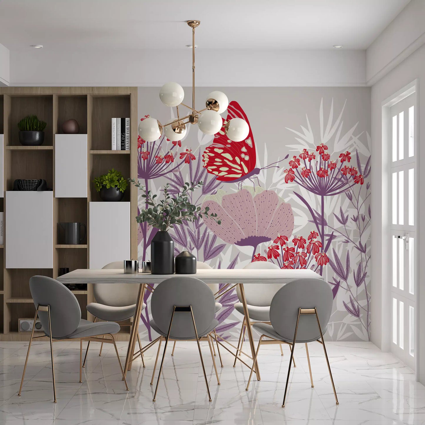 Crimson Butterfly and Mauve Garden Wallpaper Wall Mural