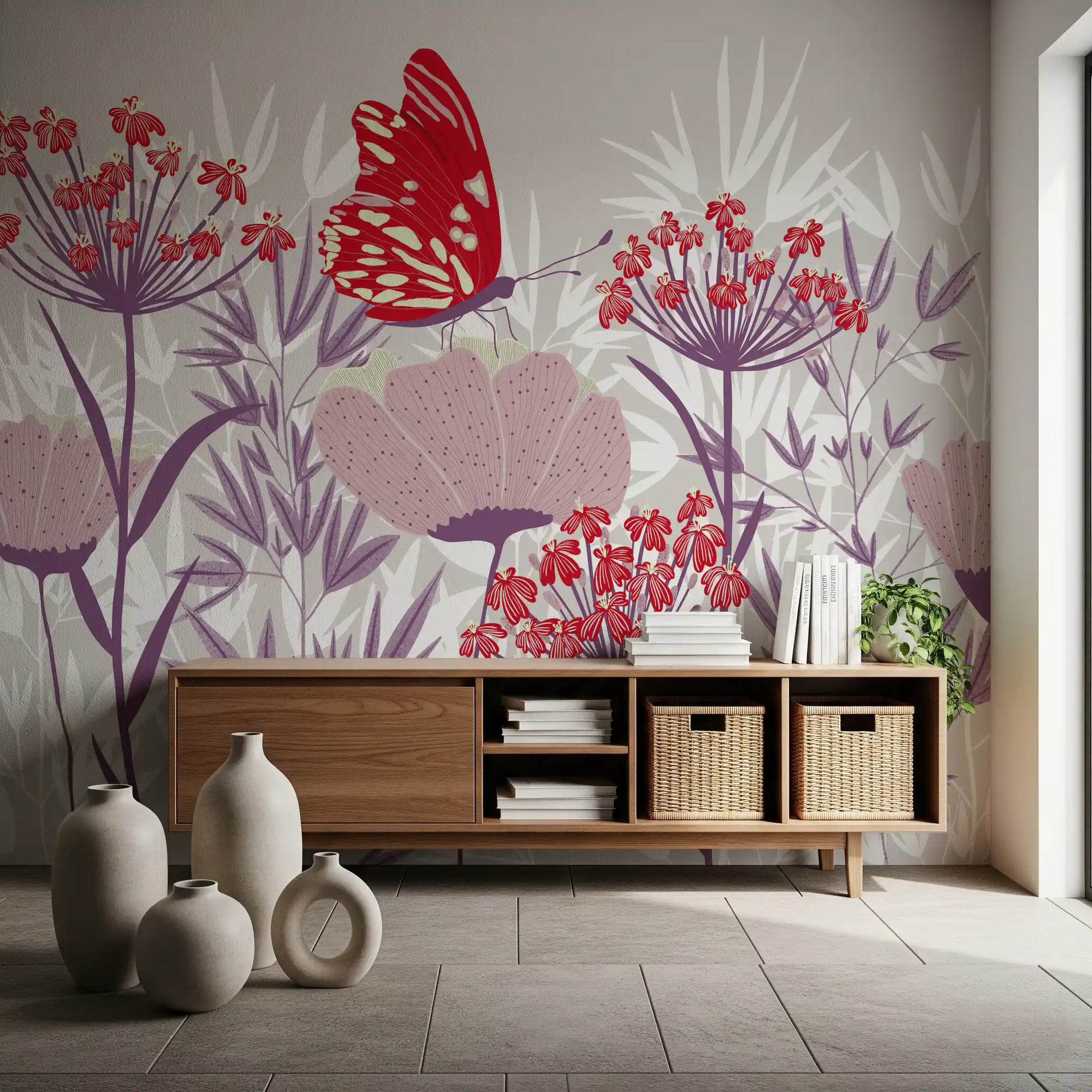 Mauve blooms and a crimson butterfly fill this wall mural in a living room.