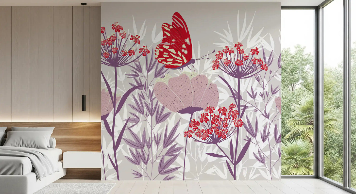 Crimson Butterfly and Mauve Garden Wallpaper Wall Mural