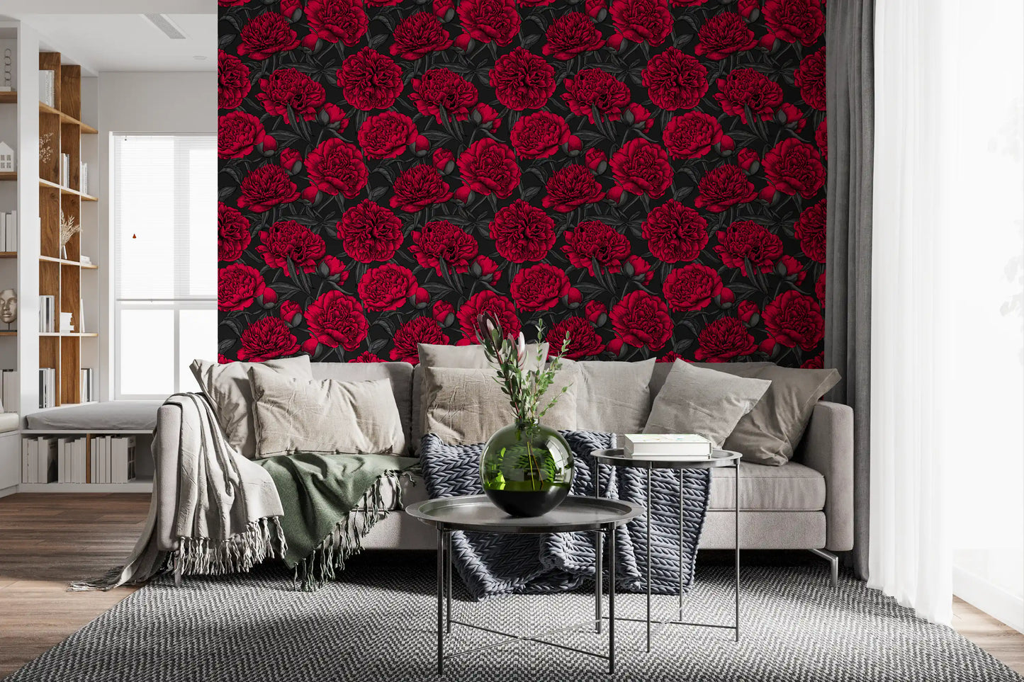 Midnight Crimson Peony Dark Floral Wallpaper Wallpaper⁠