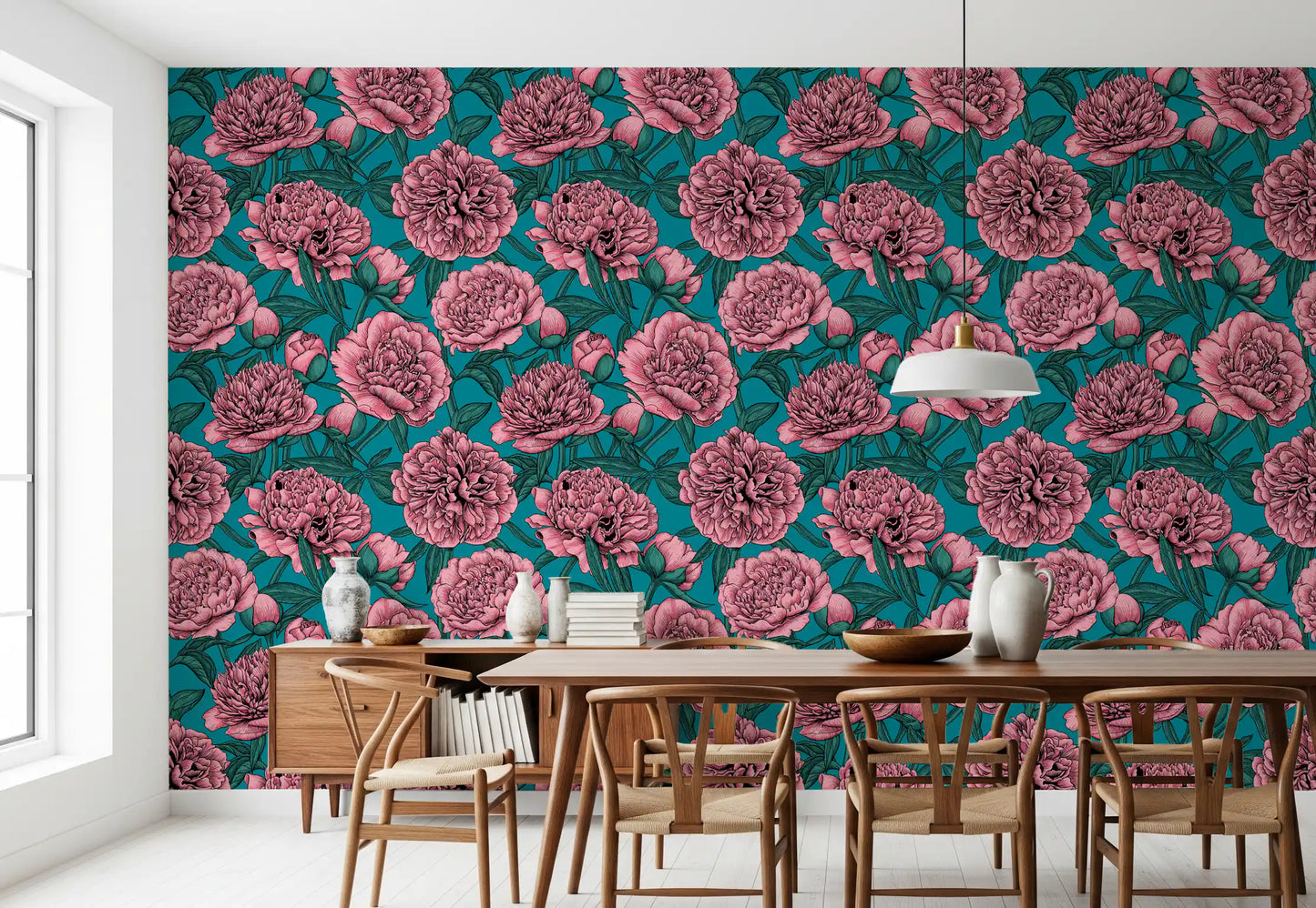 Romantic Teal Peony Botanical Wallpaper Wallpaper⁠