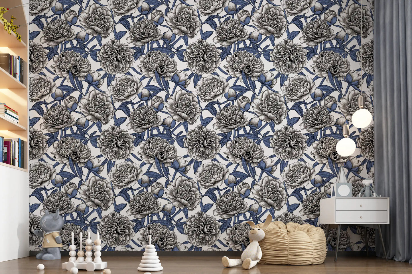 Vintage Blue and Cream Engraved Peonies Wallpaper Wallpaper⁠