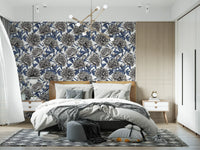 Vintage Blue and Cream Engraved Peonies Wallpaper Wallpaper⁠