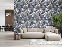Vintage Blue and Cream Engraved Peonies Wallpaper Wallpaper⁠