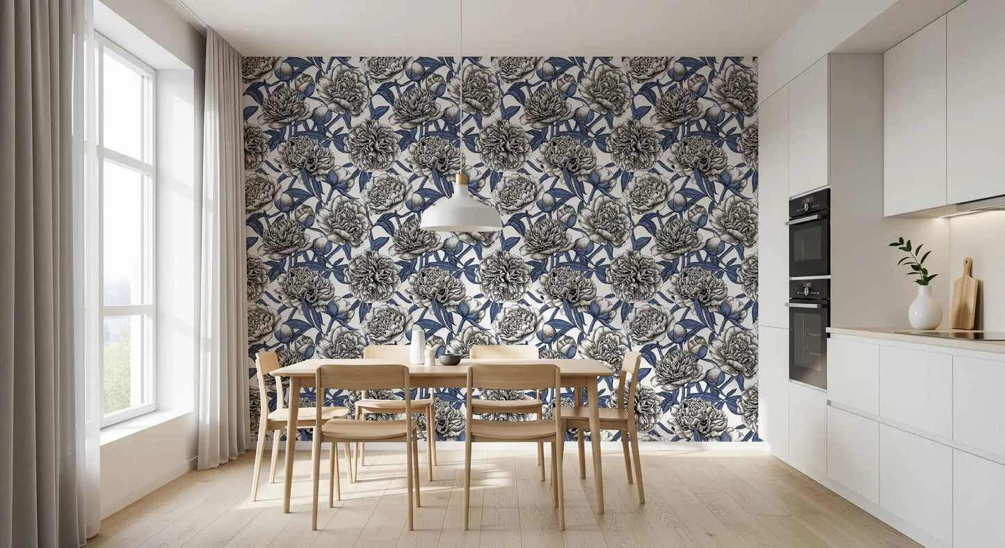 Vintage Blue and Cream Engraved Peonies Wallpaper Wallpaper⁠