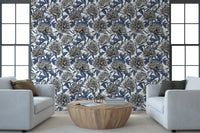 Vintage Blue and Cream Engraved Peonies Wallpaper Wallpaper⁠