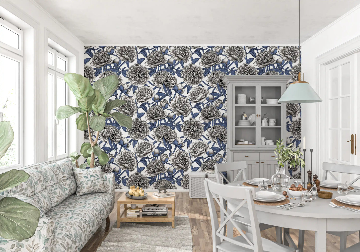 Vintage Blue and Cream Engraved Peonies Wallpaper Wallpaper⁠