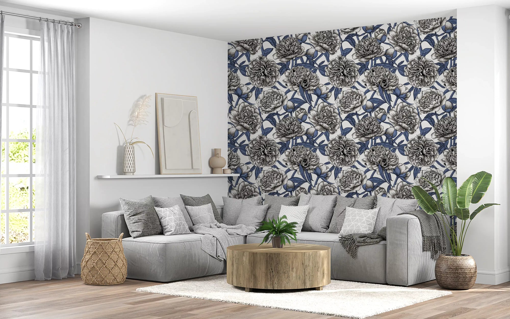 Vintage Blue and Cream Engraved Peonies Wallpaper