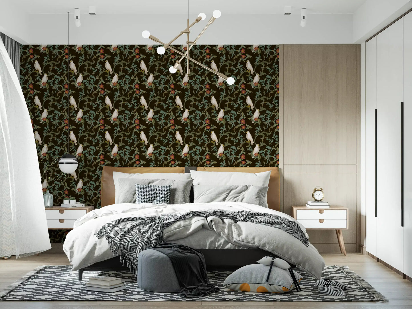 Midnight Forest Birds and Floral Scroll Wallpaper