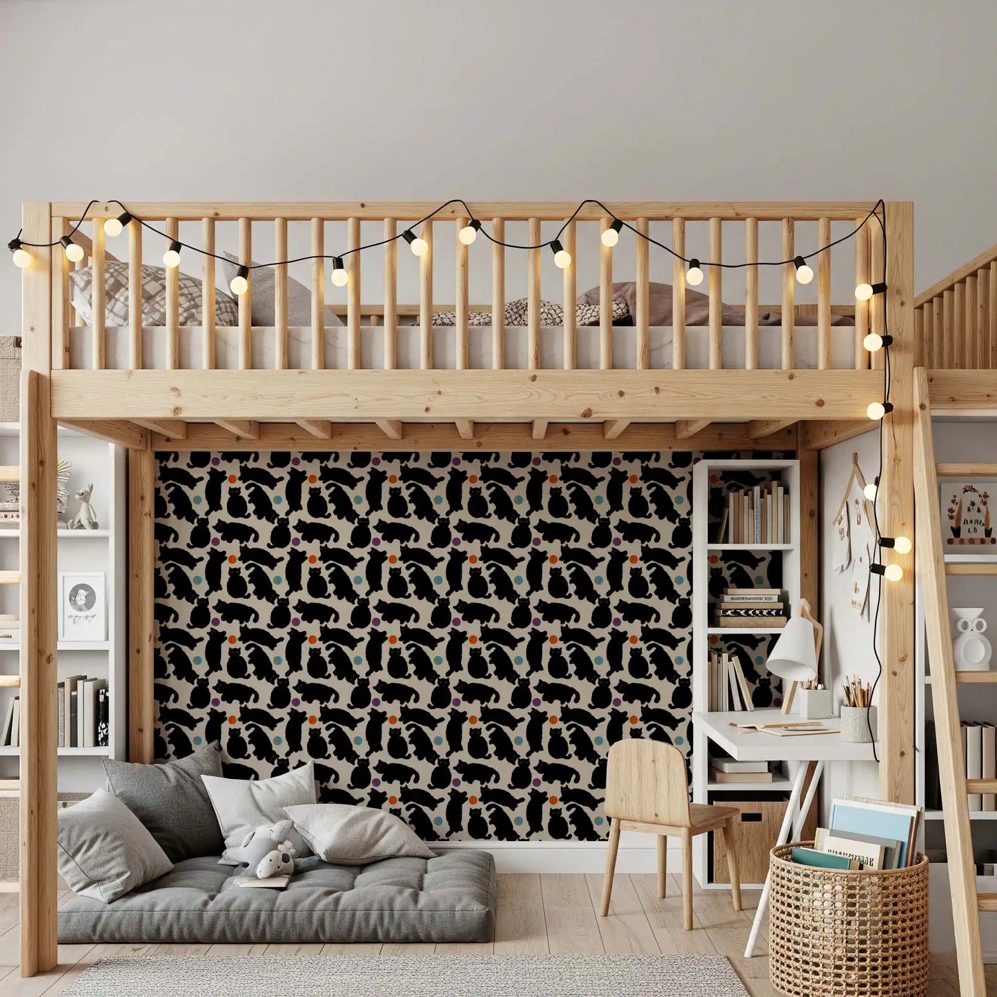 Playful Black Cats and Yarn Balls Wallpaper
