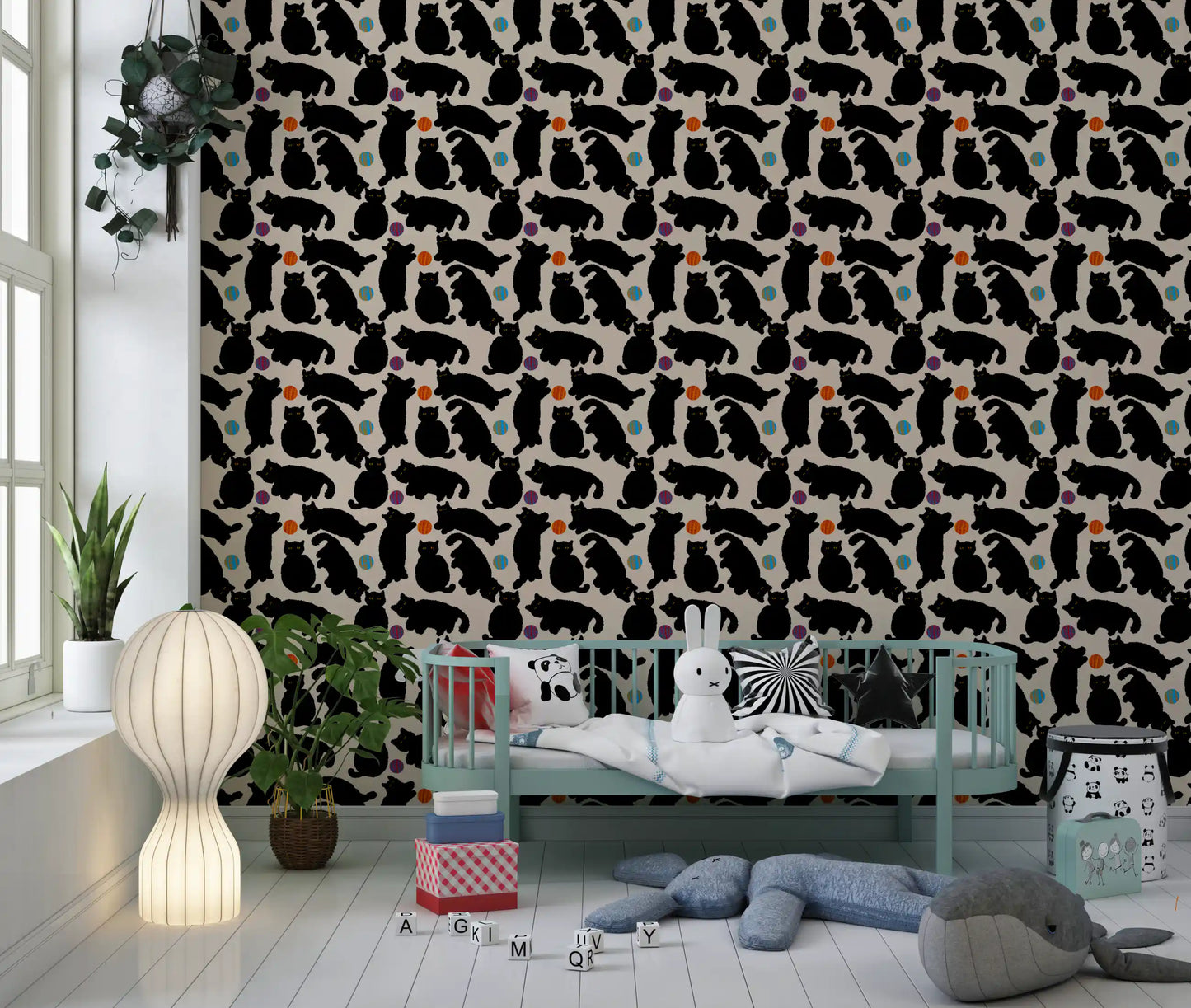 Playful Black Cats and Yarn Balls Wallpaper