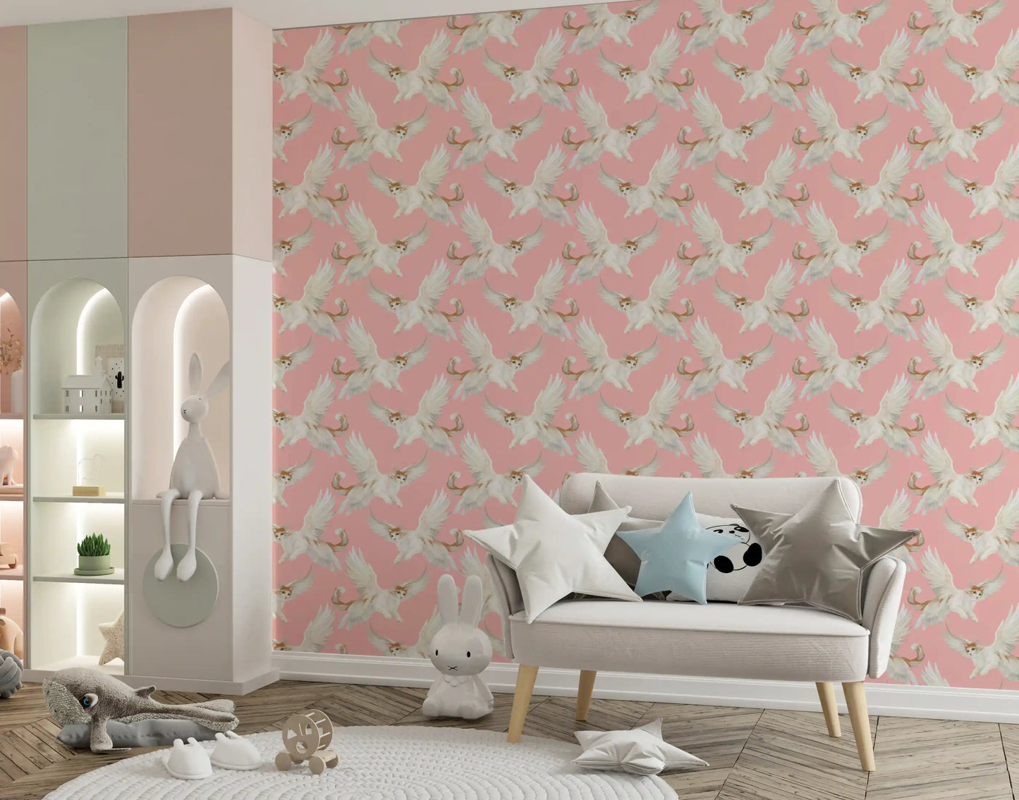Celestial Flying Felines Pink Wallpaper