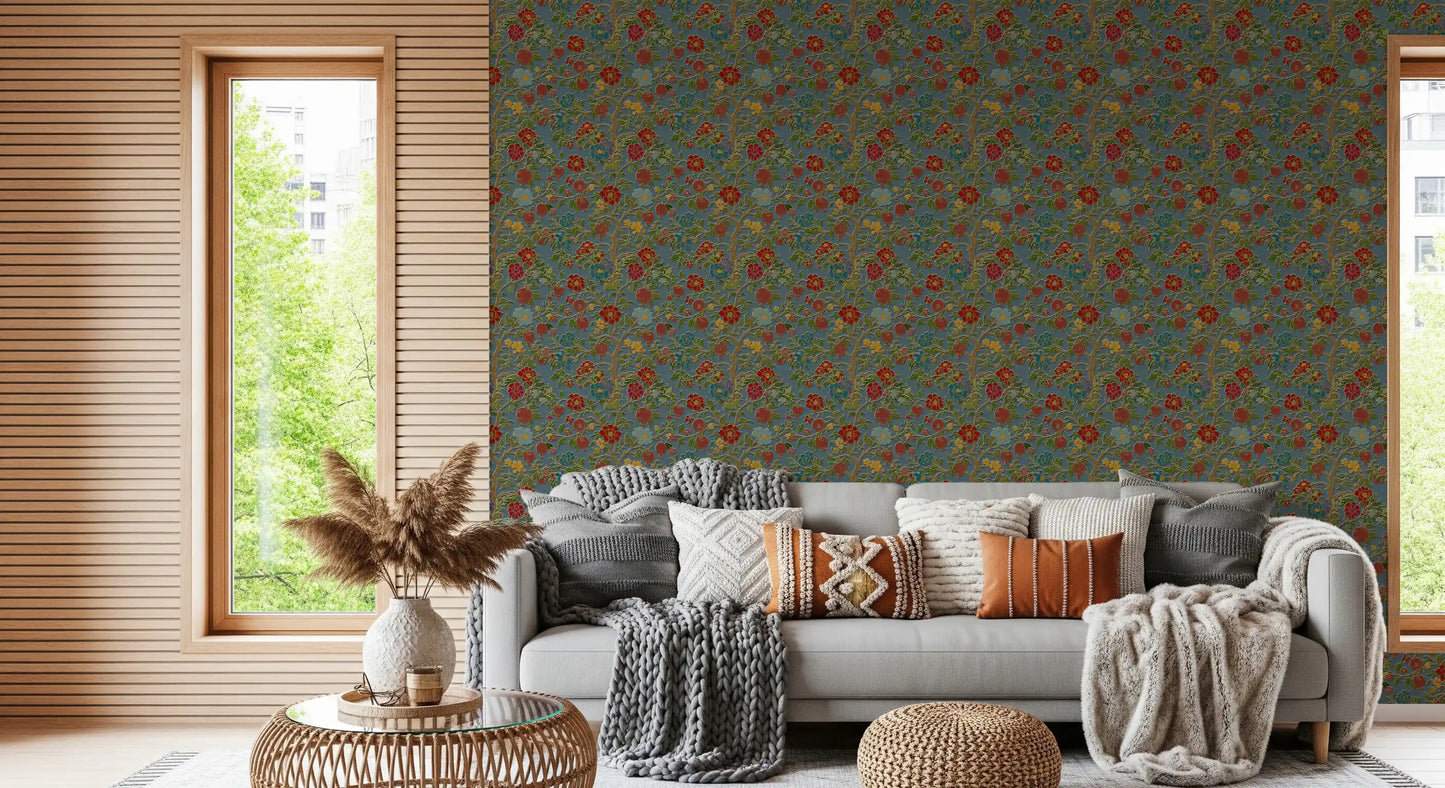 Classic Botanical Pomegranate Teal Wallpaper