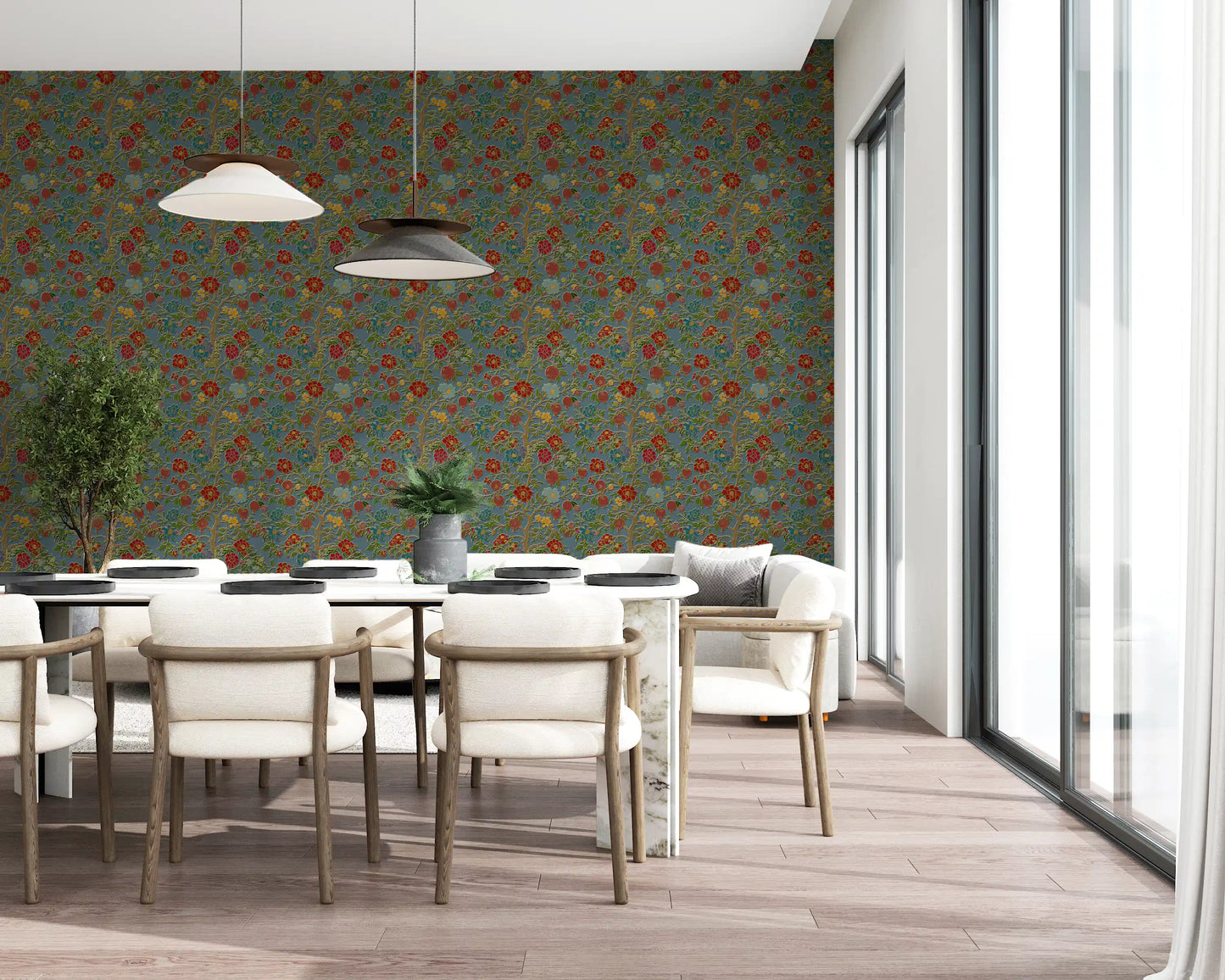 Classic Botanical Pomegranate Teal Wallpaper