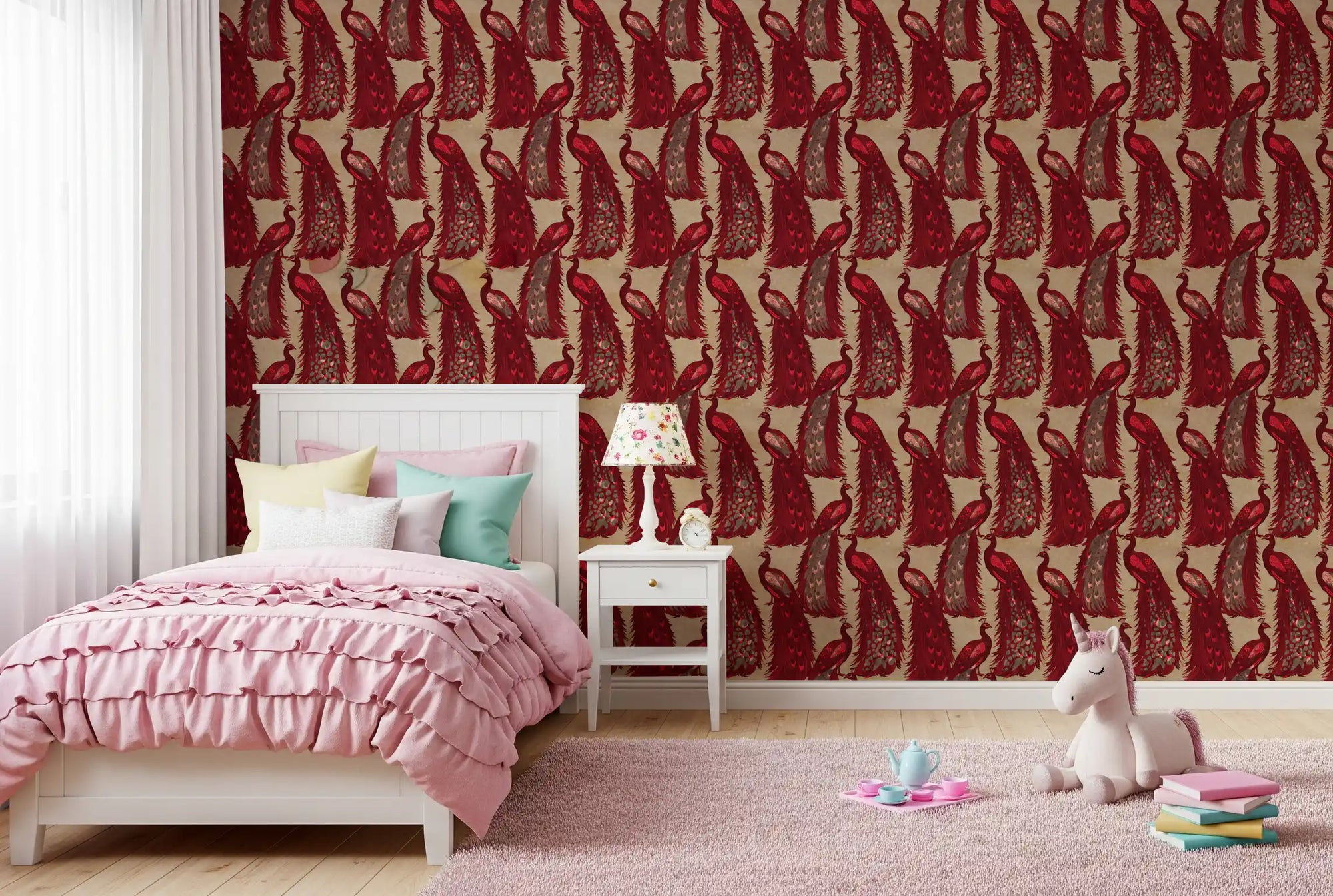 Crimson Elegance Peacock Wallpaper