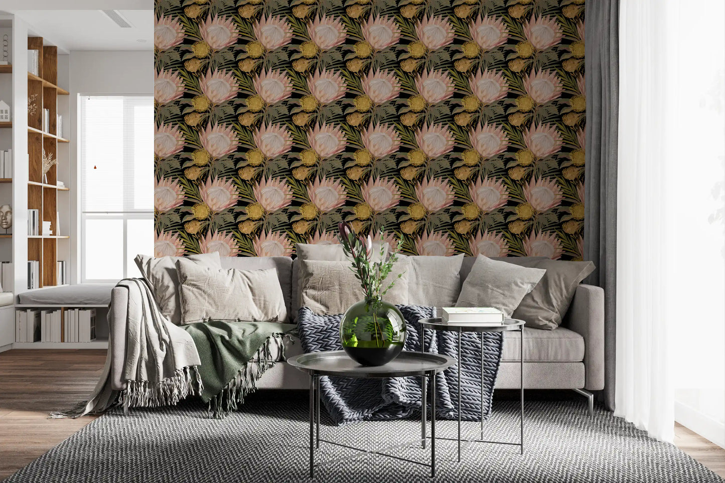 Midnight Protea and Golden Palm Wallpaper