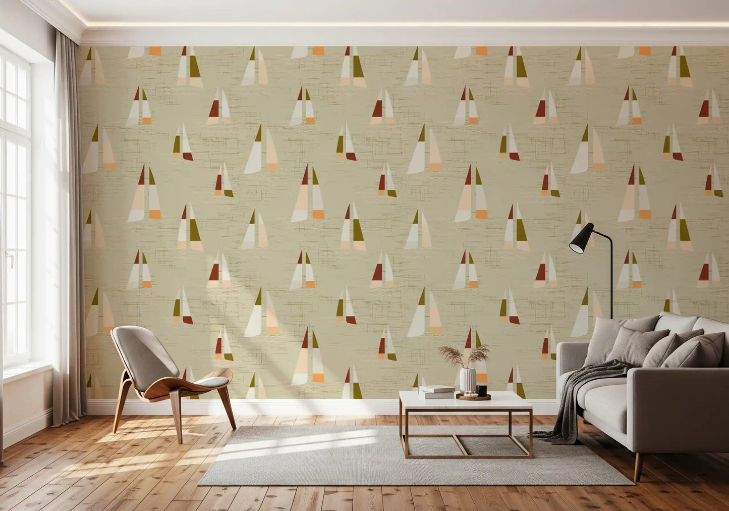 Sand Beige Mid Century Sailboats Wallpaper Wallpaper⁠