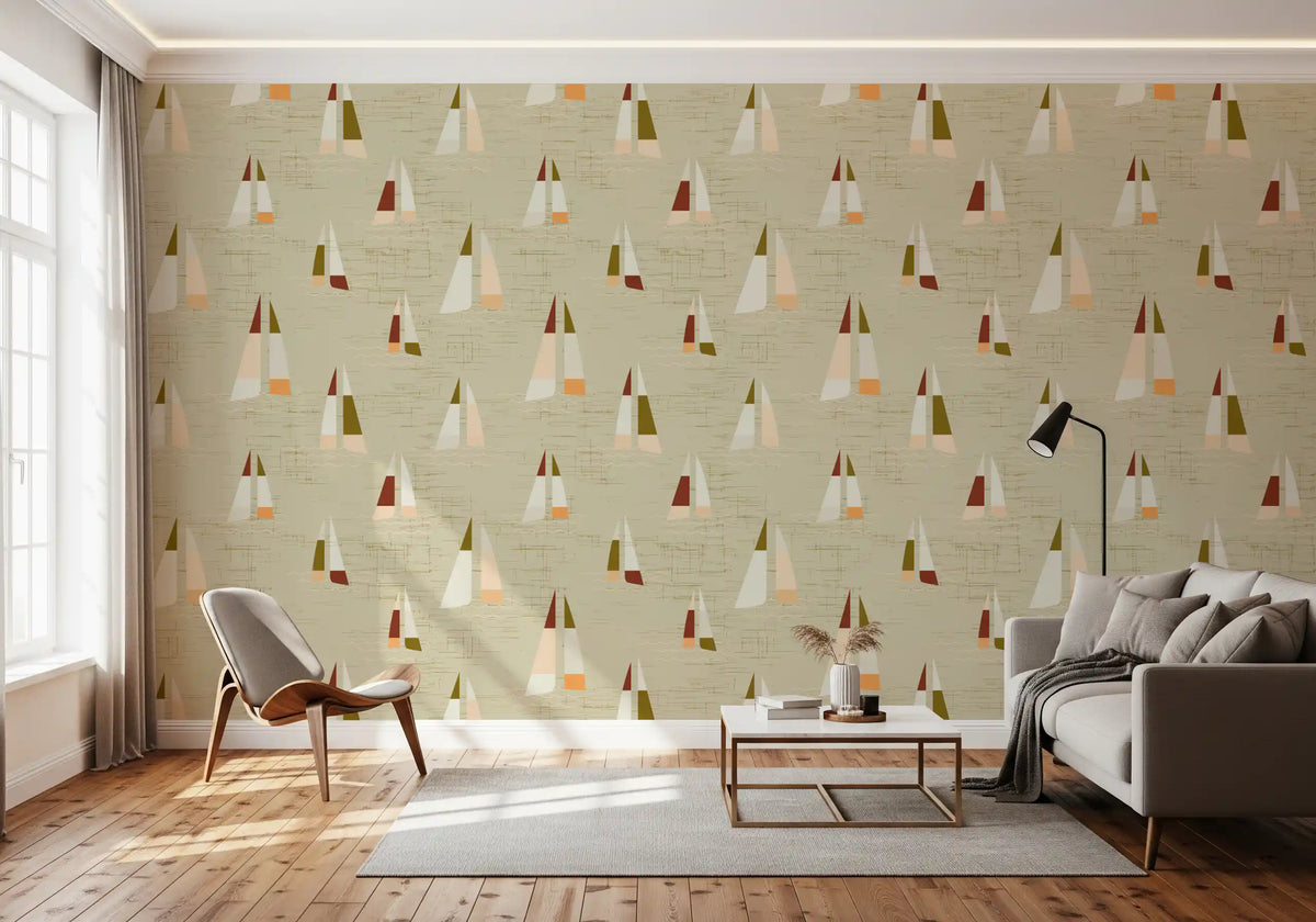 Sand Beige Mid Century Sailboats Wallpaper