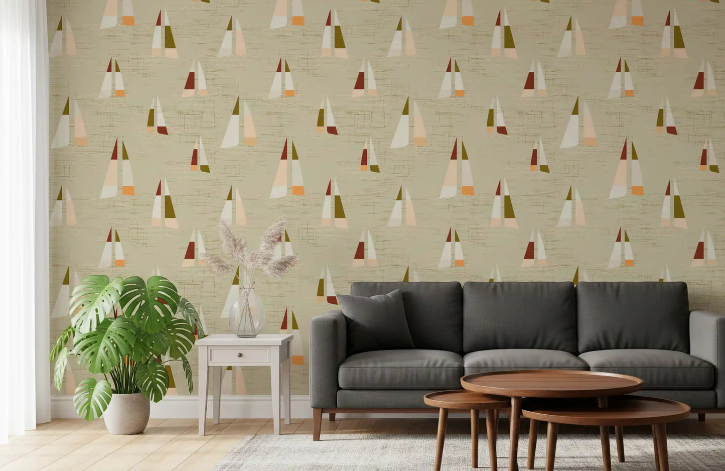 Sand Beige Mid Century Sailboats Wallpaper Wallpaper⁠