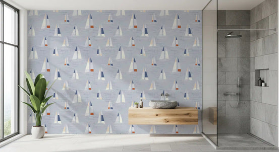 Coastal Blue Mid Century Sailboats Wallpaper