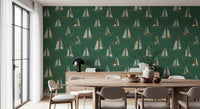 Emerald Green Mid Century Sailboats Wallpaper Wallpaper⁠