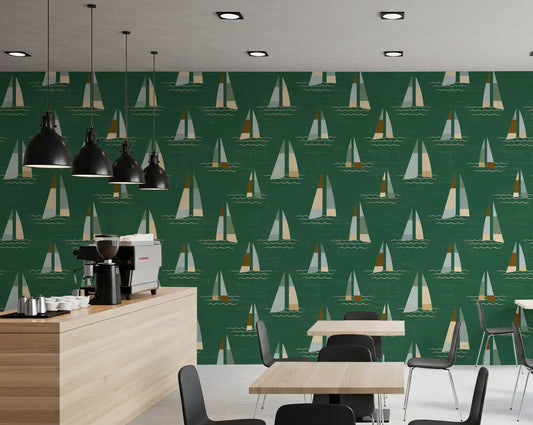Daylight Cafe  area dressed in Emerald Green Sailboats wallpaper backdrop.