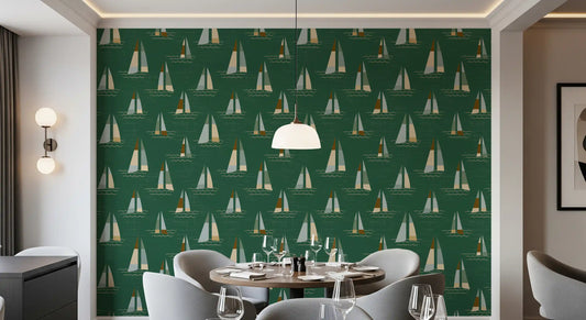 Pale sails drift across the Restaurant as Mid Century Sailboats wallpaper view.